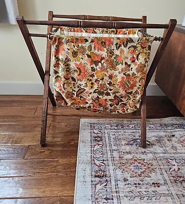Vintage Folding Sewing/Knitting Basket Cloth Bag Floral Fabric Mid Century • $25
