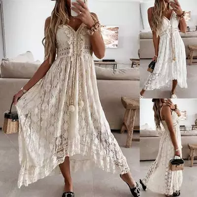 Sexy Womens Lace Strappy Maxi Dress Ladies Ruffled Irregular Hem Beach Sundress • $32.89