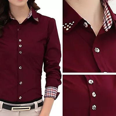 Office Blouse Turn-down Collar Slim Stretchy Button Down Tops Cotton • $35.37