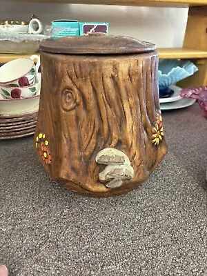 Vintage 1970s Ceramic Tree Stump Cookie Jar Canister Mushroom Flower Forest • $16.50