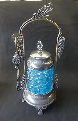 Antique Blue Glass Pickle Castor W/ Meriden Company Silver Plate Holder & Tongs • $225