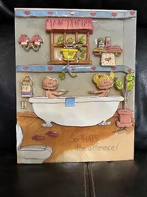 Vintage Framed 3-D Art Boy & Girl In Tub Discovery - “So That’s The Difference” • $38