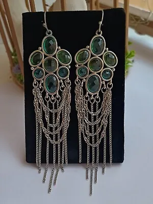 Stunning Statement Green Gem Open Back Setting & Fringed Chain Earrings • £7.99