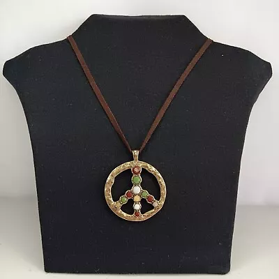 Lucky Brand Peace Sign Pendant Vintage 1970s Sued Leather Necklace Jewelry • $17.60