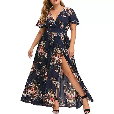 Summer Dress Short Sleeve Flowy Hem Plus Size High Split Maxi Dress Ankle-length • $32.43