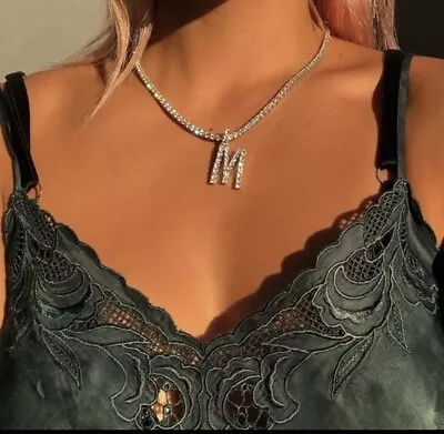 £2.95 • Buy Crystal Letter Pendant Necklace For Women Bling Rhinestone Choker  Necklace