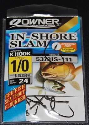 Owner 5373IS-111 In Shore Slam Size 1/0  K Hooks 24 Pack Flounder Red Fish Trout • $9.99