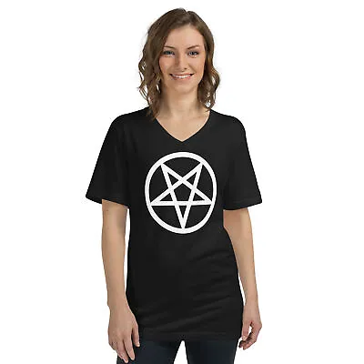 White Classic Inverted Pentagram Occult Unisex Short Sleeve V-Neck T-Shirt • $27.67