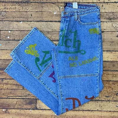 Women's 2K ~ VON DUTCH Originals Painted Graffiti Blue Bootcut Jeans ~ Size 15 • $99.99