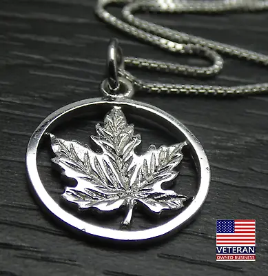 $26.99 • Buy Vintage Sterling Silver Round Fall Maple Leaf Pendant Box Chain Necklace 18 Inch