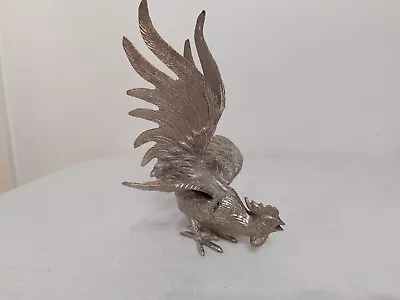 Vintage Rooster Figurine Silver Tone Metal Fighting Cockerel Chicken Ornament • £19.95