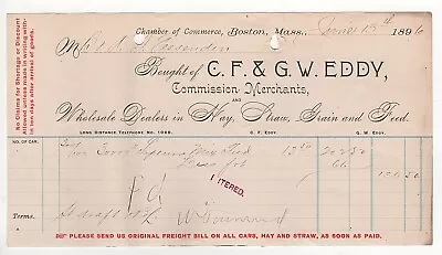 1896 Gw Eddy Billhead Merchants Hay Straw Grain Feed Boston Ma Fessenden • $25