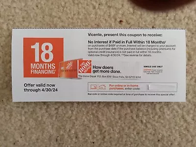 Home Depot Coupon 18 Months 0% Financing $499 Or More Store & Online Exp 4/30/24 • $19.99