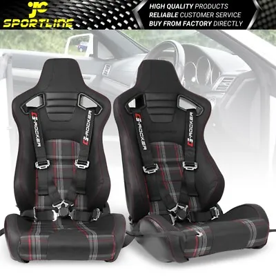 Universal Recline Racing Seat Dual Slider PU&Carbon Red Plaid & Cam-lock Belt X2 • $405.99