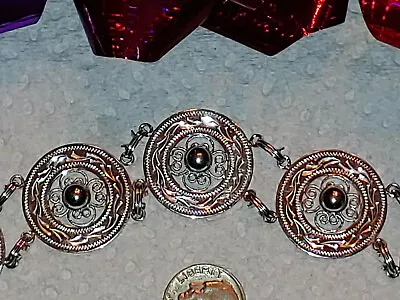 Van Dell Sterling Silver Ornate Filigree Etched Circle Panel Bracelet 7 Inches • $58.50