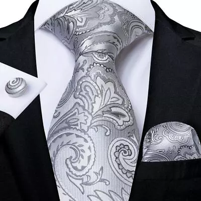 £9.11 • Buy Silver Ring Necktie Set Silk Paisley Tie Pocket Square Cufflinks Wedding Party