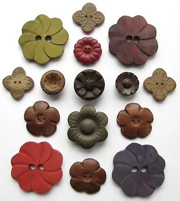 Lot 15 Vintage Wooden Buttons Realistic Flower Designs Carved Pressed Dyed Wood • $16.99