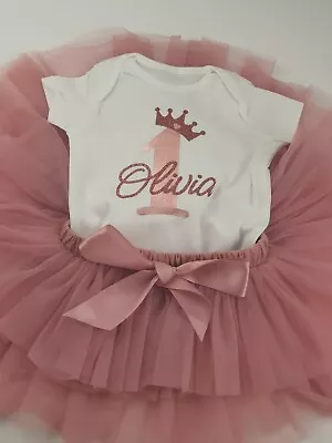 Personalised 1st Baby Girl Birthday Outfit Set Tutu Babygrow Rosegold Glitter • £8.99