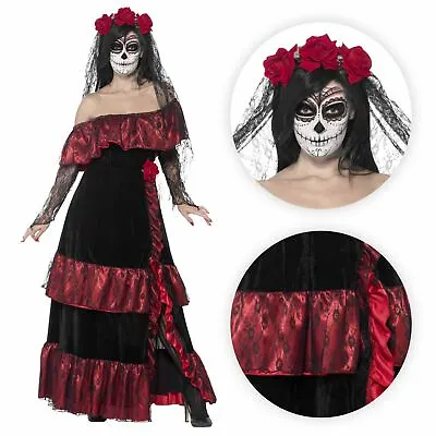 Ladies Day Of The Dead Skull Skeleton Spanish Mexican Bride Fancy Dress Costume • £40.12