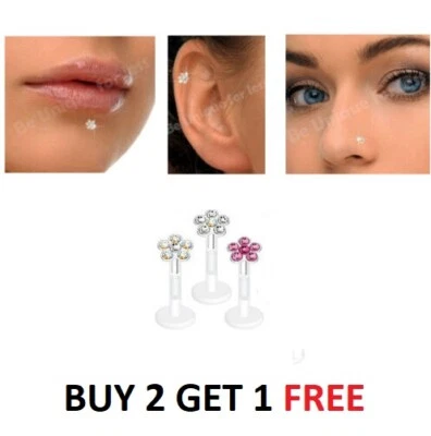 £3.49 • Buy Labret Bars Tragus Helix - BIO FLEX Lip STUD / Monroe - Push In Crystal Flower