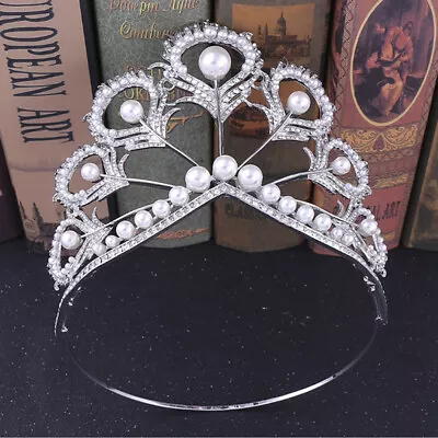 Handmade Bridal Pearl Crystal Tiara Large Hair Crown Pageant Party Headband~pd • £13.11