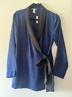 NWT Victoria’s Secret Blue Black Satin Wrap Robe Long Sleeve Women’s Size XS • $38