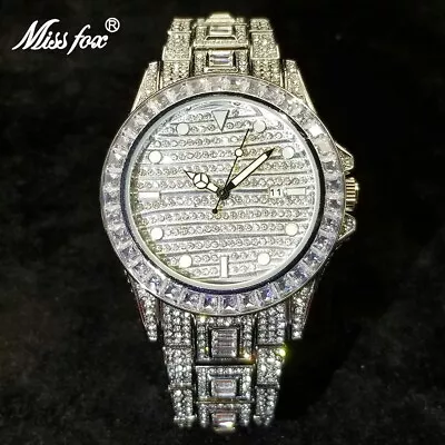 MISSFOX Men's Diamond Ice Out Watch Silver Analog Waterproof Stainless Steel NEW • £82.99