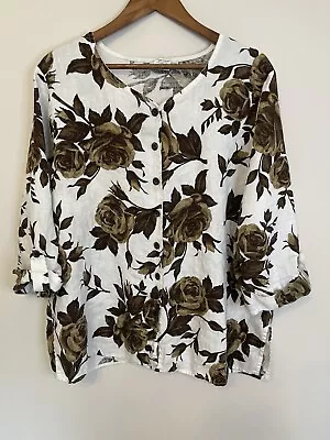 Hot Cotton By Marc Ware 2x Linen Blouse White Brown Floral Button Up • $29.98