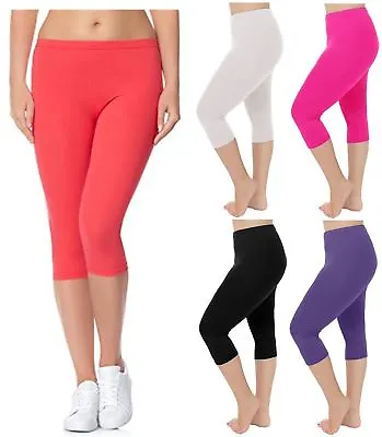 Womens Plus Size Stretchy Plain 3/4 Under Knee Crop Capri Leggings Pants 12-30 • £5.99