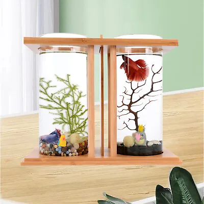 NEW Glass Betta Fish Tank Bamboo Base Mini Aquarium Fish Tank For Desktop Wood • $20.91