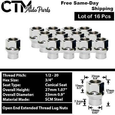 16Pc CHROME 1/2-20 OPEN END EXTENDED THREAD ET LUG NUTS FIT FORD MERCURY SAAB • $18.99