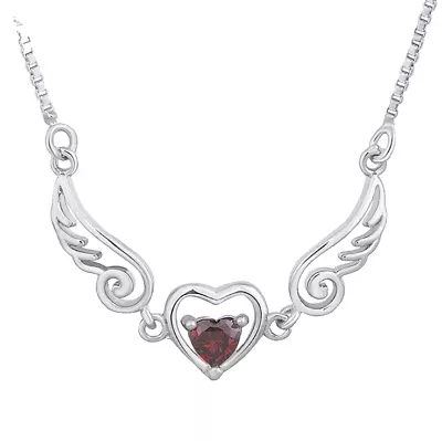 925 Sterling Silver Angel Wings Love Red Heart Necklace • $14.99