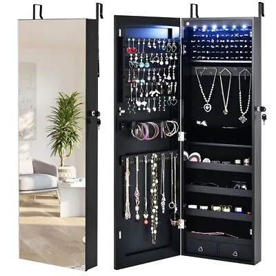 LED Lights Jewelry Cabinet Lockable Wall/Door Mounted Jewelry Armoire W/ Mirror • £69.95