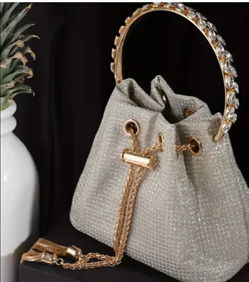 £32 • Buy Champagne Coloured Drawstring Glitter Gold Metal Handle Clutch Bag Brand New