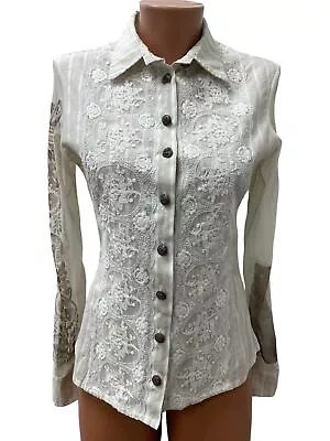 SAVE THE QUEEN Size  M Shirt Blouse Top Beige Lace Long Sleeve MEsh • $73.38