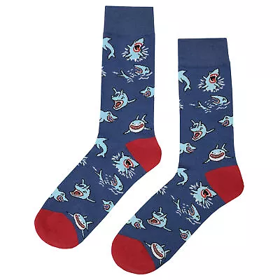 NWT Shark Frenzy Dress Socks Novelty Men 8-12 Blue Crazy Fun Sockfly • $8.99