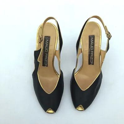 Rare Vintage Maud Frizon Paris Black Satin + Gold Trim Open Toe Heels 6 /37 FAB • $140