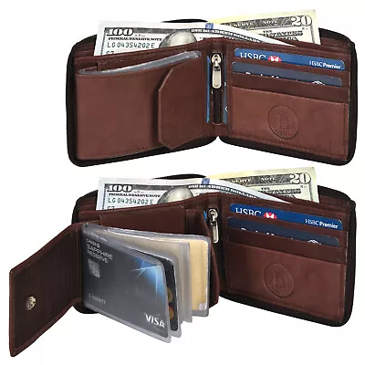 Mens Zipper Bifold Genuine Leather Outside ID Window Card Zip Around Wallet NEW • $12.99