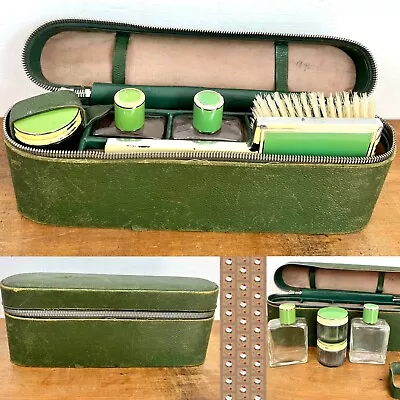 Vintage Mens Travel Vanity Grooming Kit Zip Up Toiletry Case Green Leather Glass • $26.26