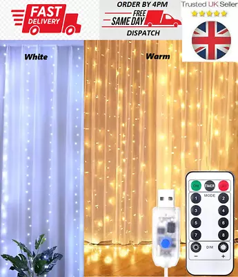 300 LED Curtain Fairy Lights String Out/indoor Backdrop Wedding Xmas Party 3x3m • £5.99