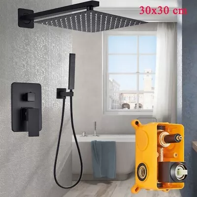 Black Concealed Bathroom Shower Mixer Set 30cm Rain Head Square Valve System • £75