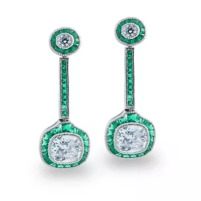 Art Deco Vintage Style Lab Created Diamond Cushion Drop Dangle Silver Earrings • $78.40