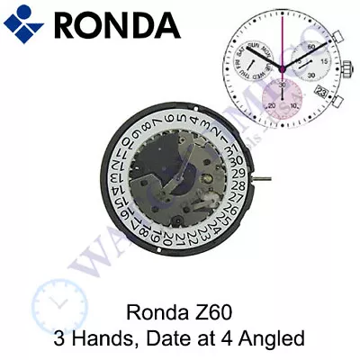 $34.84 • Buy Genuine Ronda Z60 Watch Movement Swiss Parts 3 Hands, Date At 4 Angled