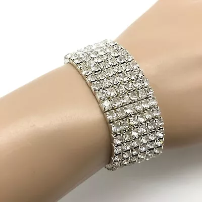 Vintage Silver Tone Clear Rhinestone Six Row Stretch Wide Glam Bracelet 6  • $24.99