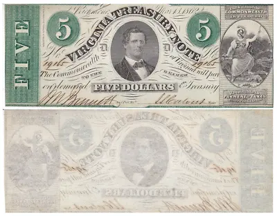 1862 $5 Virginia Treasury Note Cr-13 Almost Uncirculated Obsolete Currency • $79