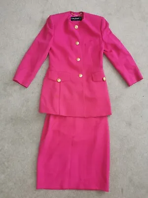 Louis Feraud Pure New Wool Cerise Pink Skirt 2 Piece Suit UK Size 12 Smart • £46.99