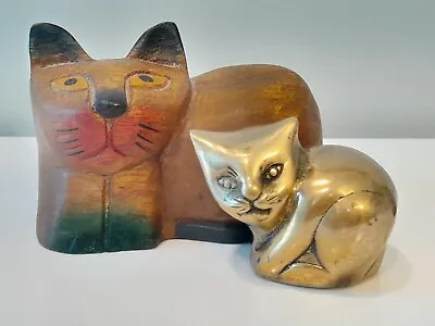 Atomic Cat Figurine Lot Of 2: Seiden Brass & Giftware & Painted Carved Wood MCM • $20