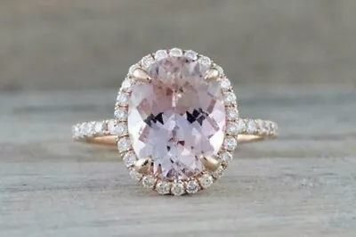 4.0Ct Oval Cut Morganite Diamond Halo Engagement Ring Solid 14K Rose Gold Finish • $157.91