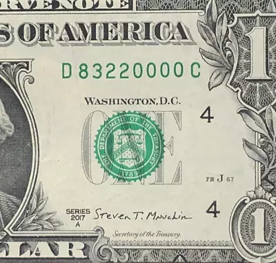 Four In A Row Trailing 0s Fancy Serial Number One Dollar Bill D83220000C FW • $9.99