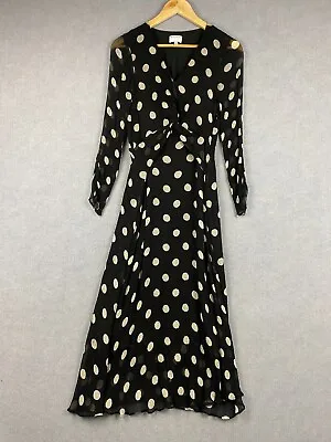 Witchery Dress Womens 8 Black White Maxi Polka Dot Sheer Long Sleeve Front Knot • $29.95